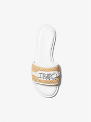 MICHAEL KORS EMBER EMBELLISHED STRAW SLIDE SLIPPERS - WHITE