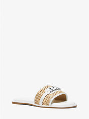 MICHAEL KORS EMBER EMBELLISHED STRAW SLIDE SLIPPERS - WHITE