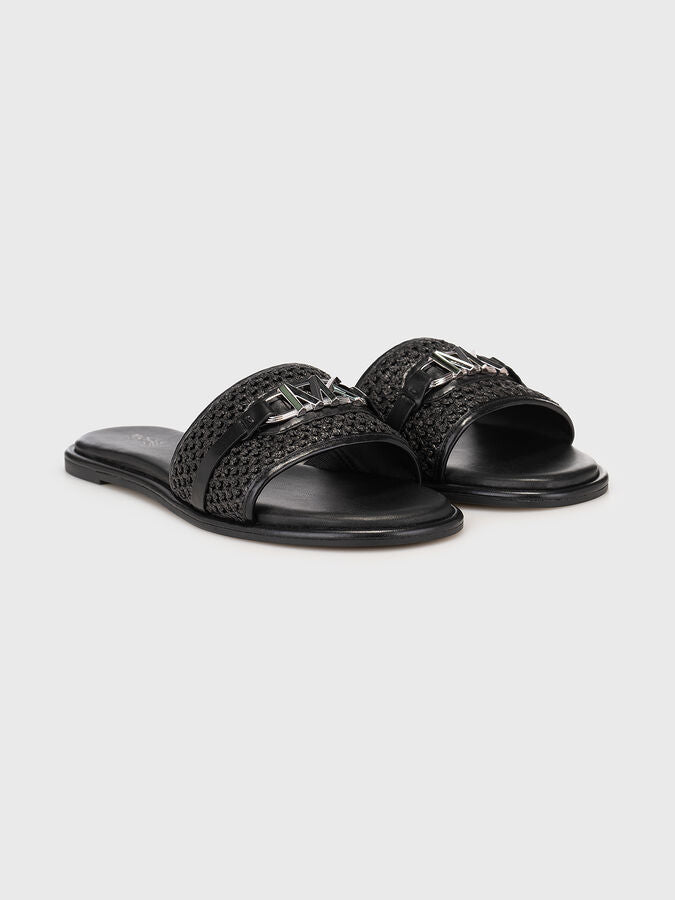 MICHAEL KORS EMBER EMBELLISHED STRAW SLIDE SLIPPERS - BLACK
