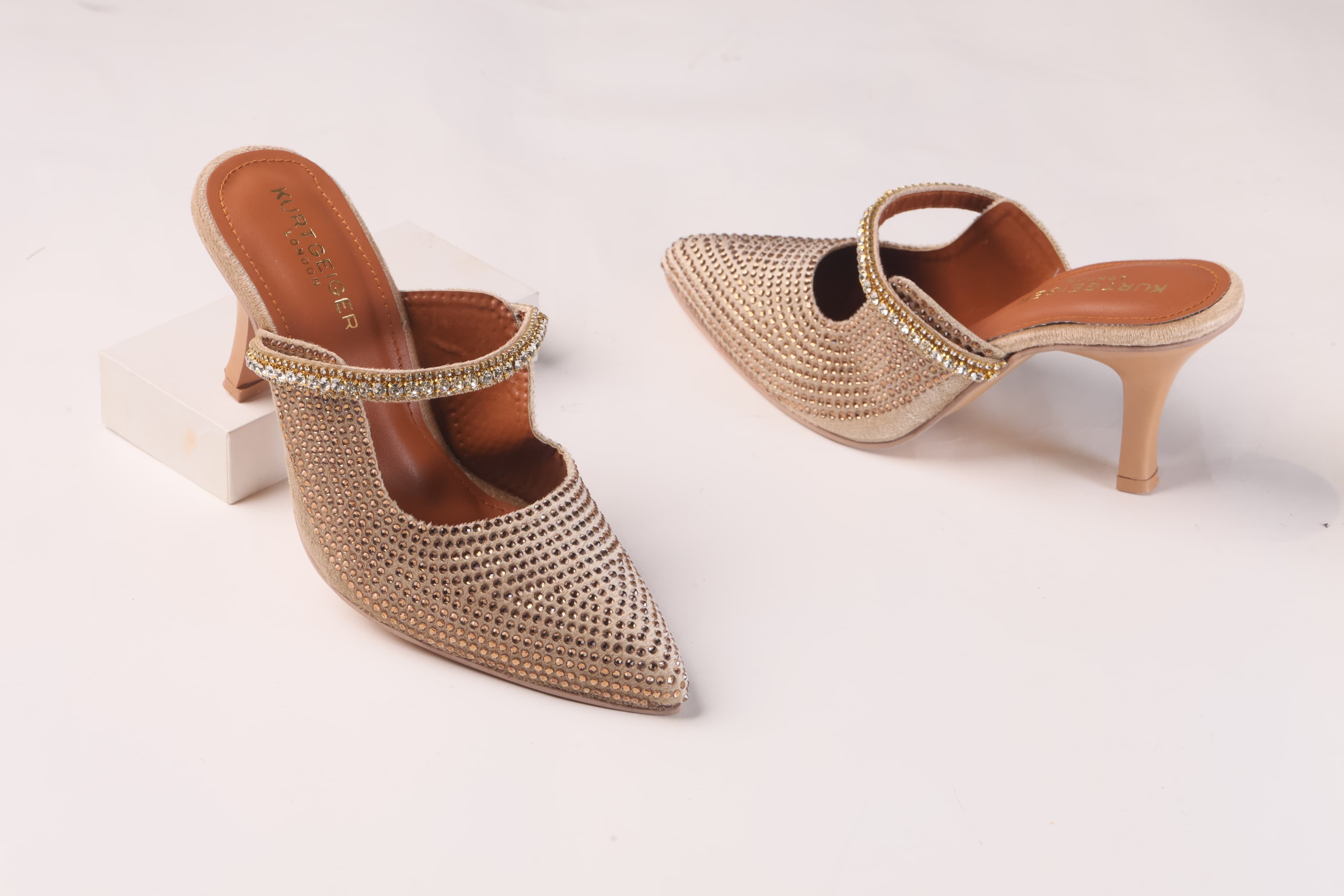 KURT GEIGER LONDON DUKE CRYSTAL EMBELLISHED CANVAS HEELED SANDALS - GOLD
