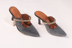 KURT GEIGER LONDON DUKE CRYSTAL EMBELLISHED CANVAS HEELED SANDALS - BLACK
