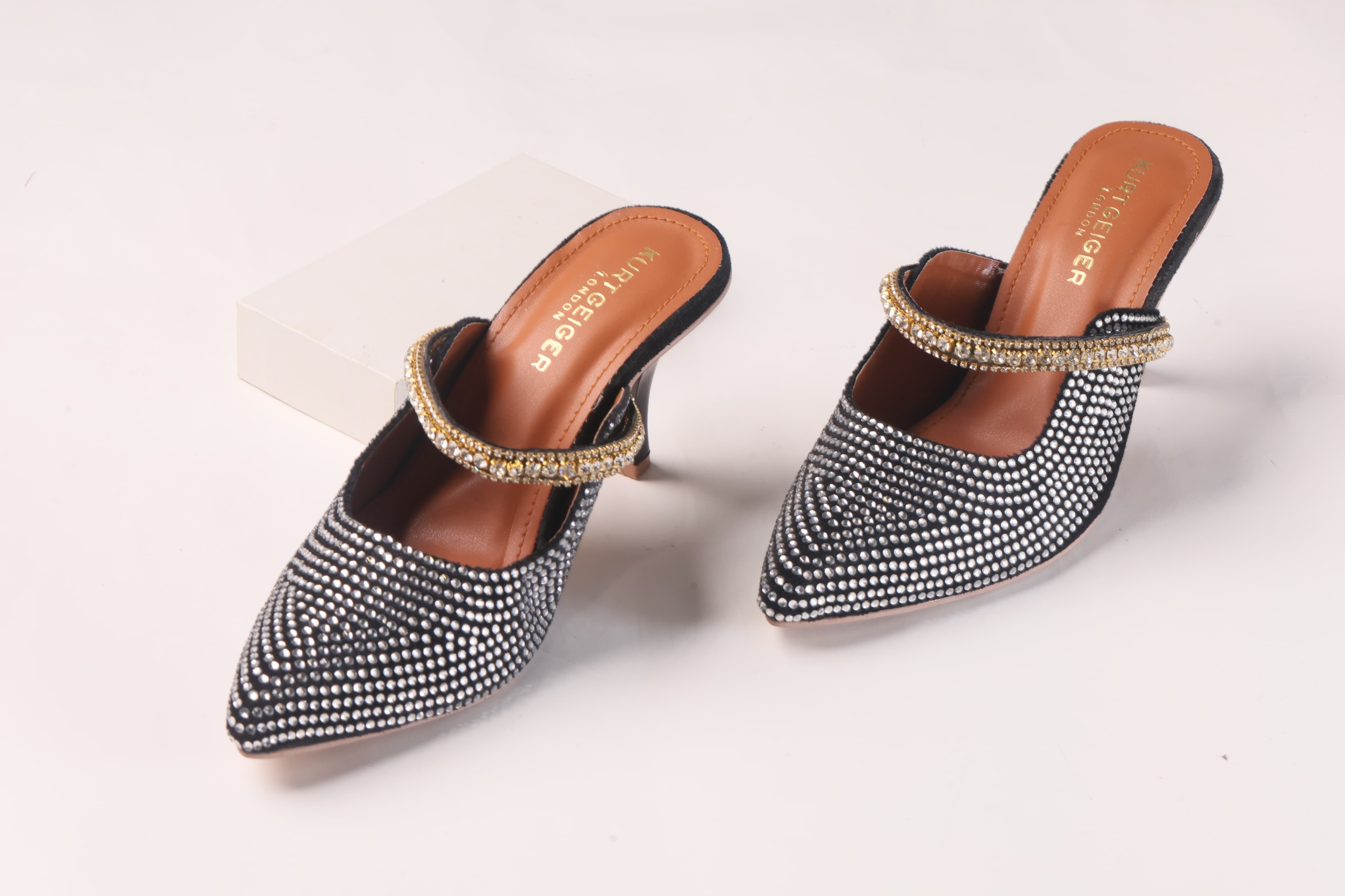 KURT GEIGER LONDON DUKE CRYSTAL EMBELLISHED CANVAS HEELED SANDALS - BLACK