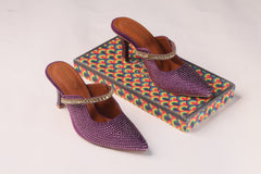 KURT GEIGER LONDON DUKE CRYSTAL EMBELLISHED CANVAS HEELED SANDALS - PURPLE