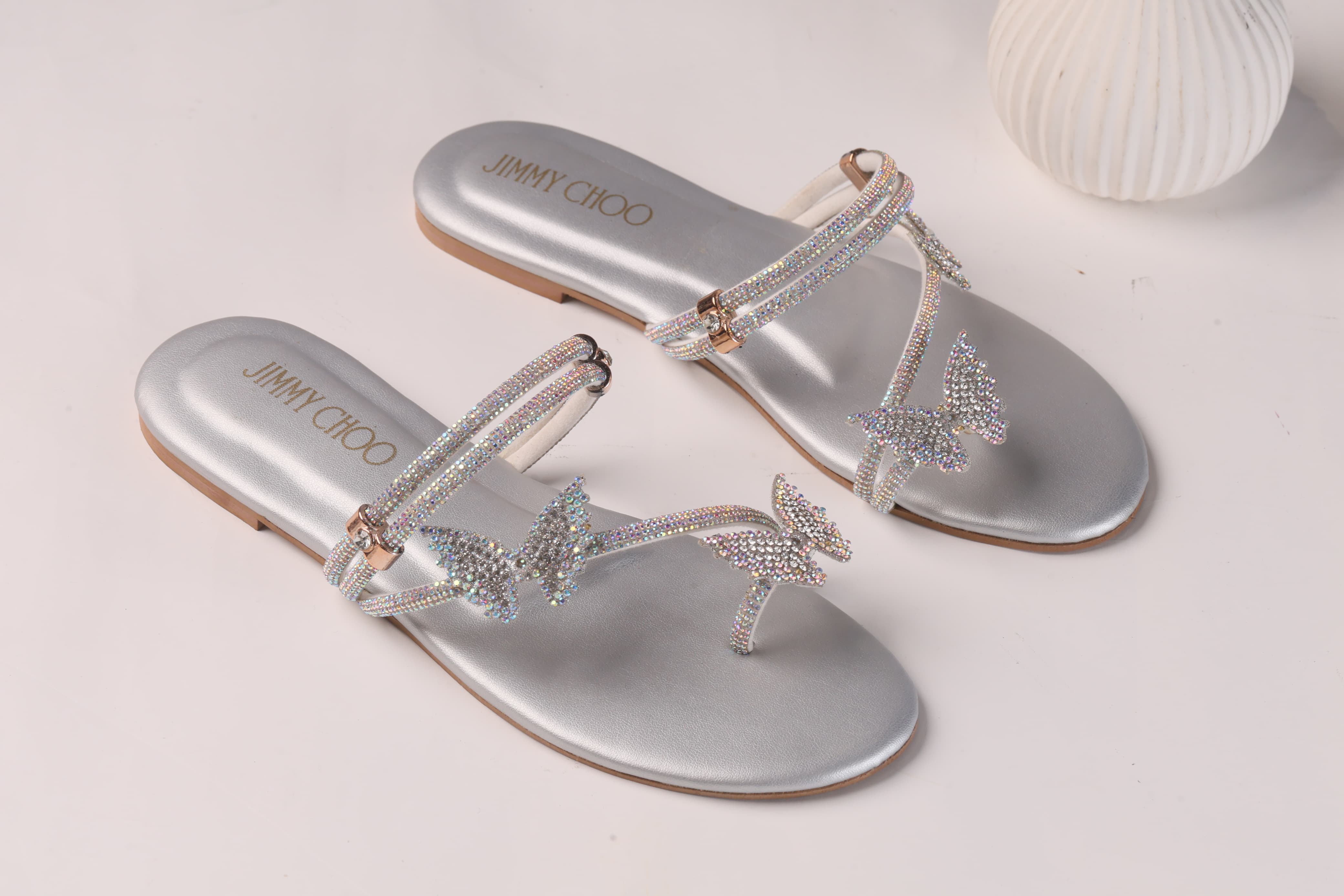 JIMMY CHOO MASH STRAP BUTTERFLY SLIPPERS - SILVER