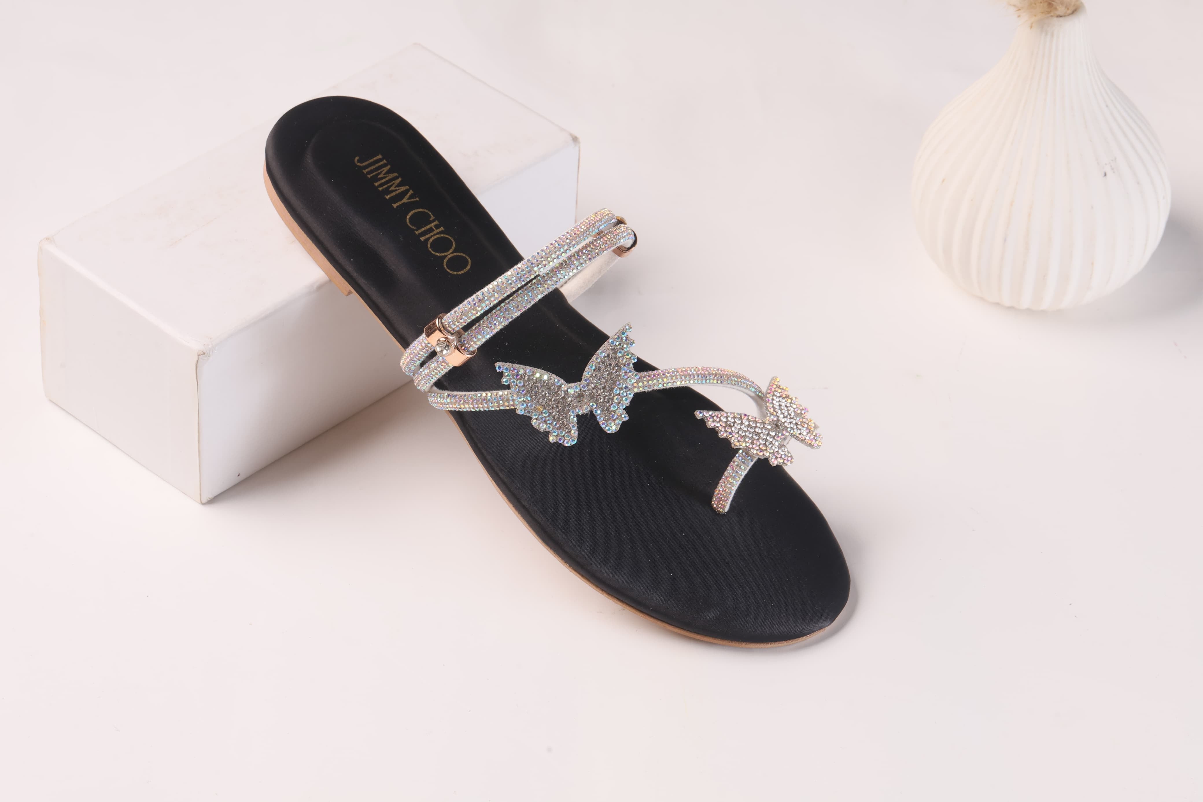 JIMMY CHOO MASH STRAP BUTTERFLY SLIPPERS - BLACK