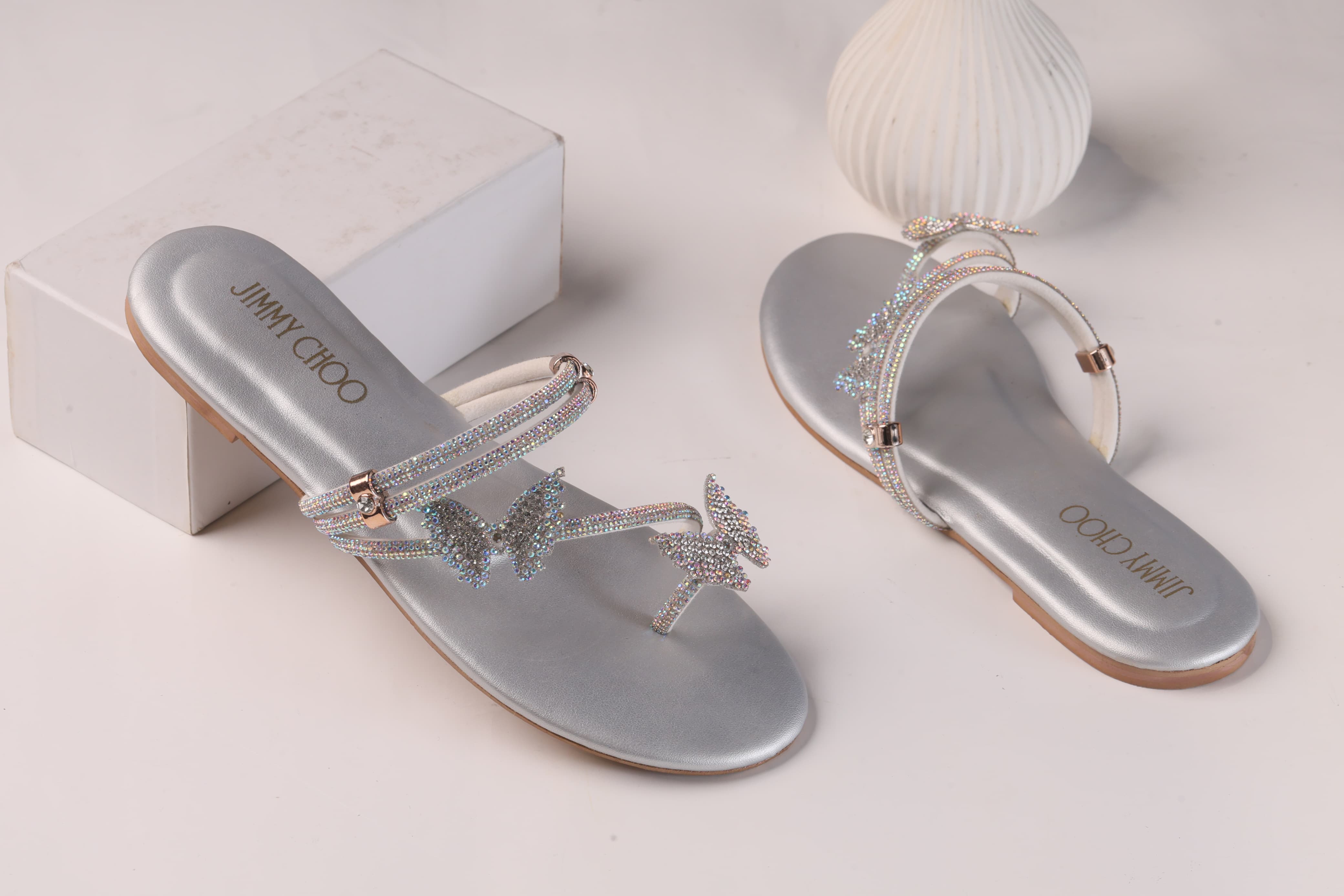 JIMMY CHOO MASH STRAP BUTTERFLY SLIPPERS - SILVER