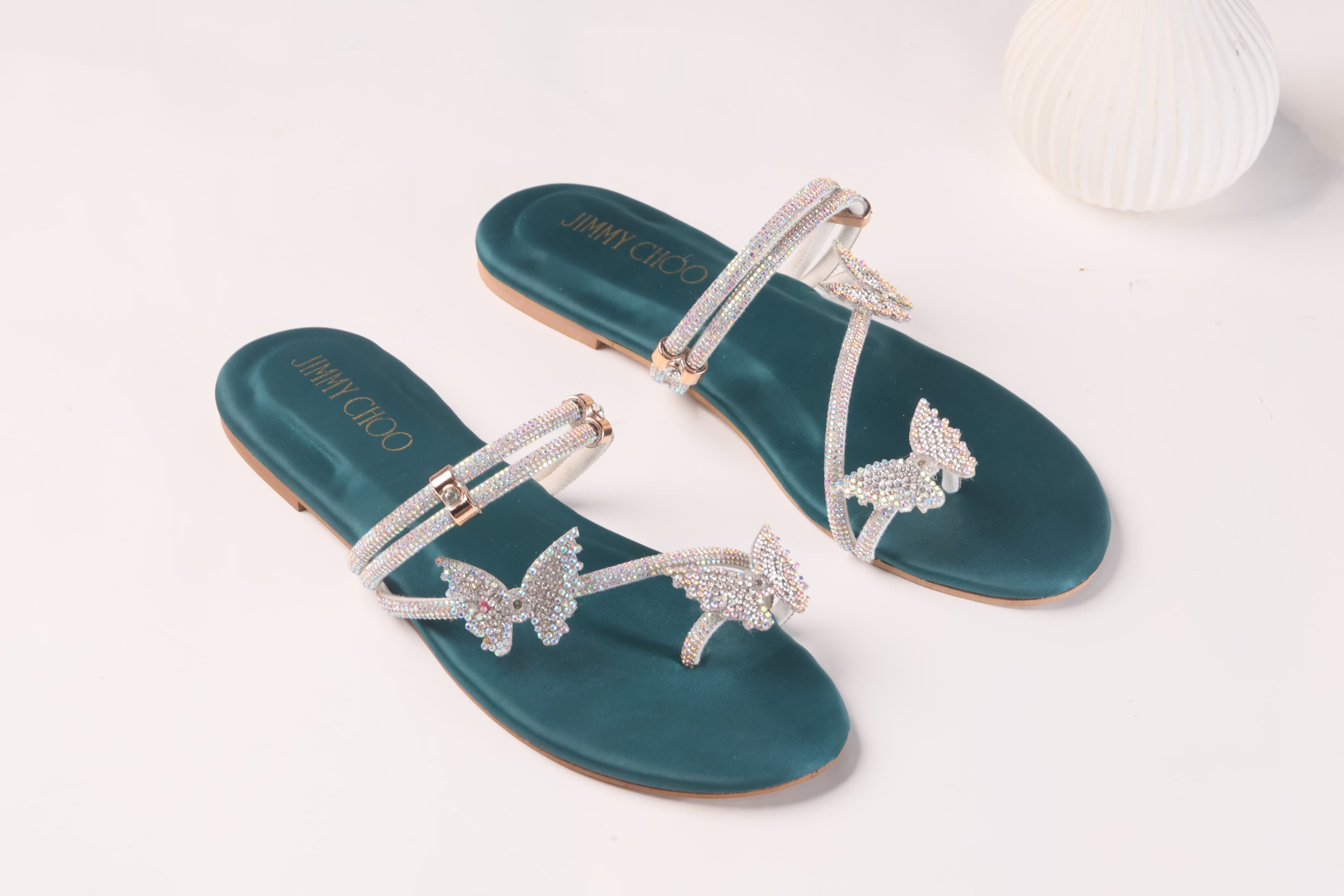 JIMMY CHOO MASH STRAP BUTTERFLY SLIPPERS - GREEN