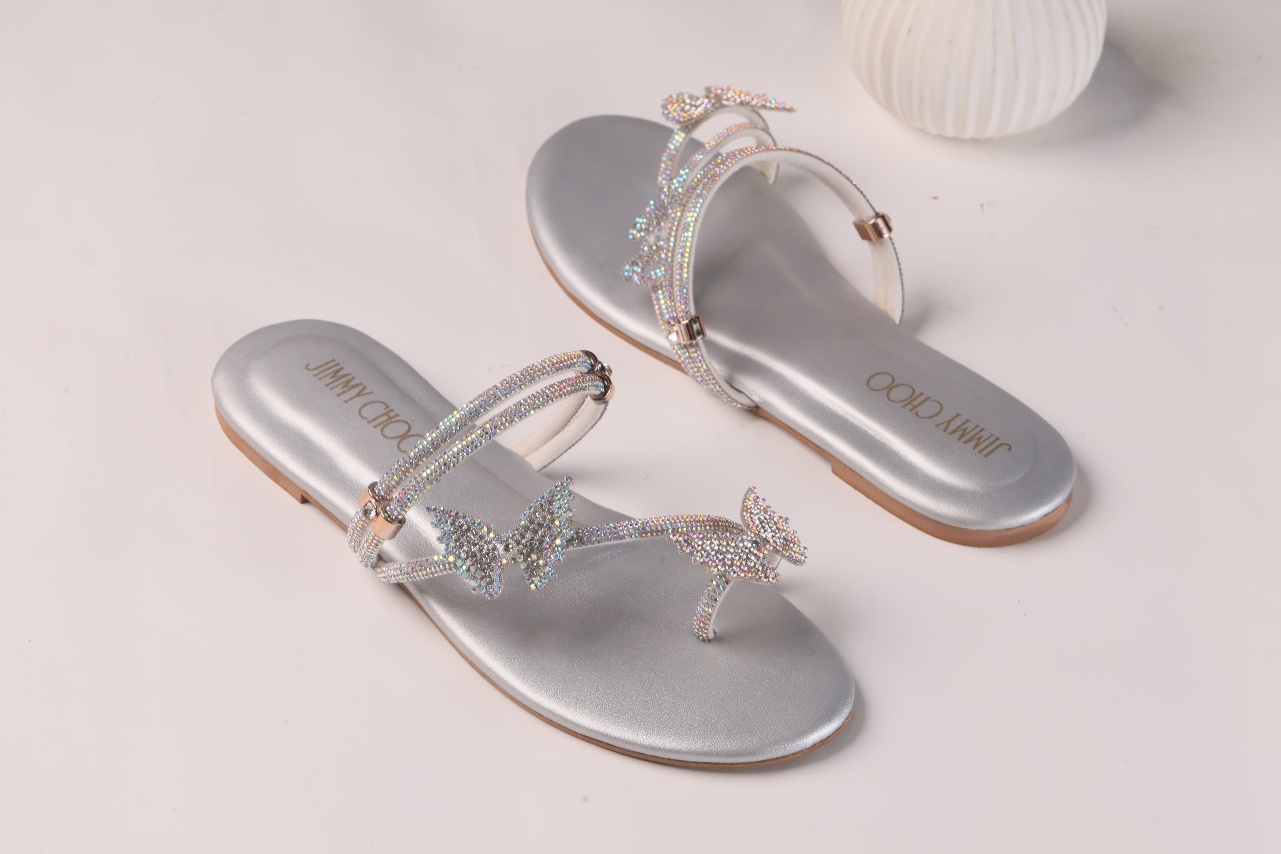 JIMMY CHOO MASH STRAP BUTTERFLY SLIPPERS - SILVER