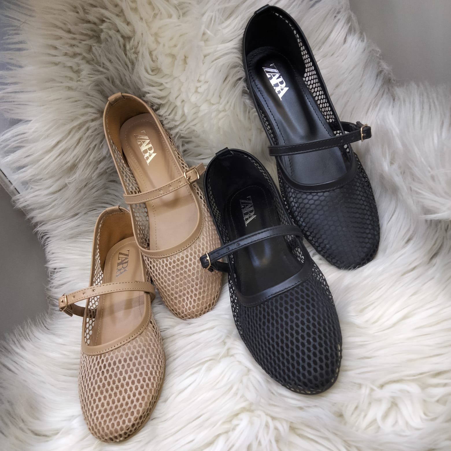 ZARA FISHNET BALLET FLAT PUMPS - BEIGE