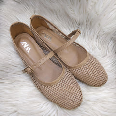 ZARA FISHNET BALLET FLAT PUMPS - BEIGE