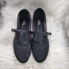 ZARA FISHNET BALLET FLAT PUMPS - BLACK