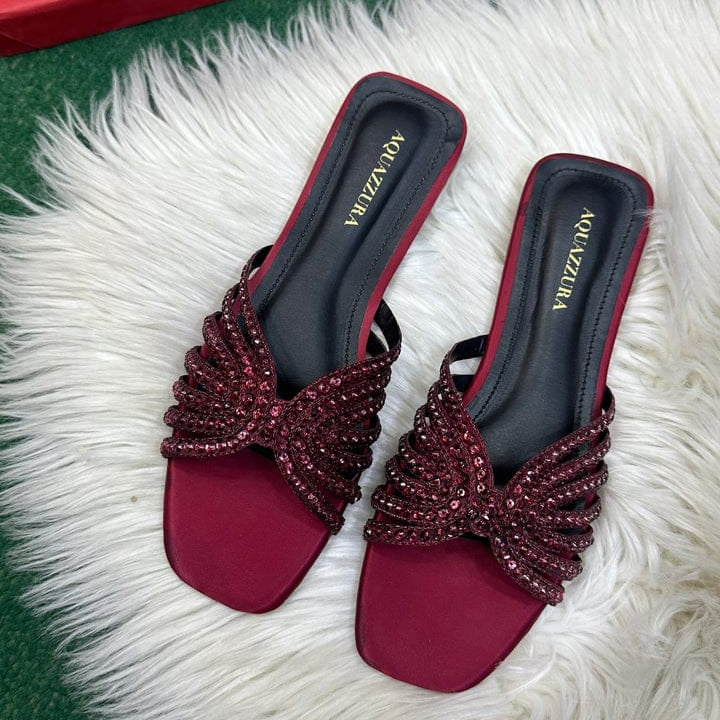 AQUAZZURA ELENA RHINESTONE FLAT SANDALS - CHERRY RED