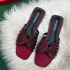 AQUAZZURA ELENA RHINESTONE FLAT SANDALS - CHERRY RED