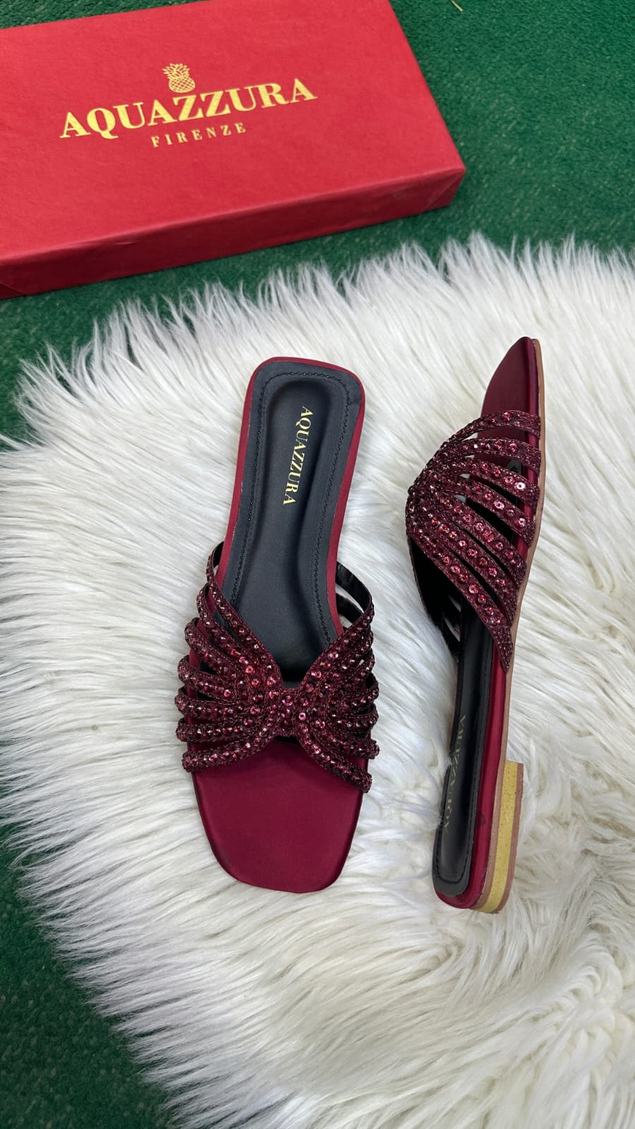 AQUAZZURA ELENA RHINESTONE FLAT SANDALS - CHERRY RED