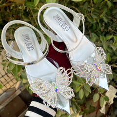 JIMMY CHOO RHINESTONE BUTTERFLY FLAT SANDALS - SILVER