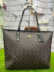 COACH PREMIUM ZIP TOTE BAG SIGNATURE CANVAS - COFFEE