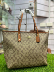COACH PREMIUM ZIP TOTE BAG SIGNATURE CANVAS - BROWN