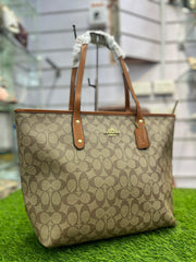 COACH PREMIUM ZIP TOTE BAG SIGNATURE CANVAS - BROWN