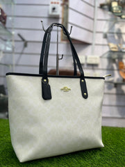 COACH PREMIUM ZIP TOTE BAG SIGNATURE CANVAS - WHITE