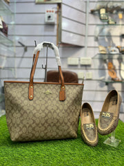 COMBO DEAL OF COACH ZIP TOTE BAG AND COACH FLAT PUMPS - BROWN