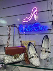 COMBO DEAL OF MK MICHAEL KORS ROSE MEDIUM  LOGO SHOULDER BAG AND FLAT PUMPS -  WHITE