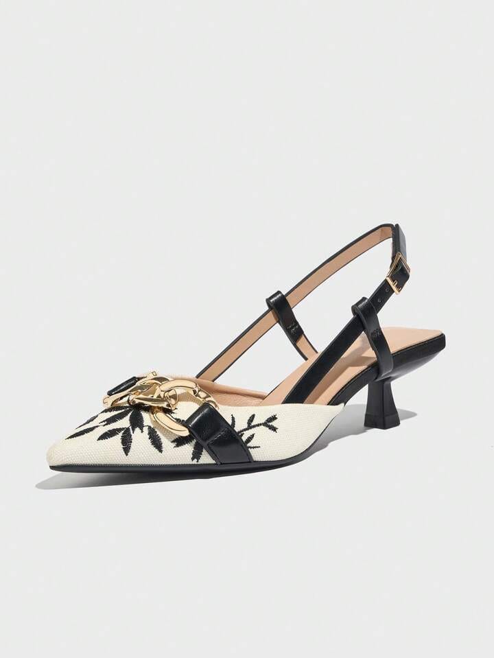 ZARA Black Floral Embroidered Chain Slingback
