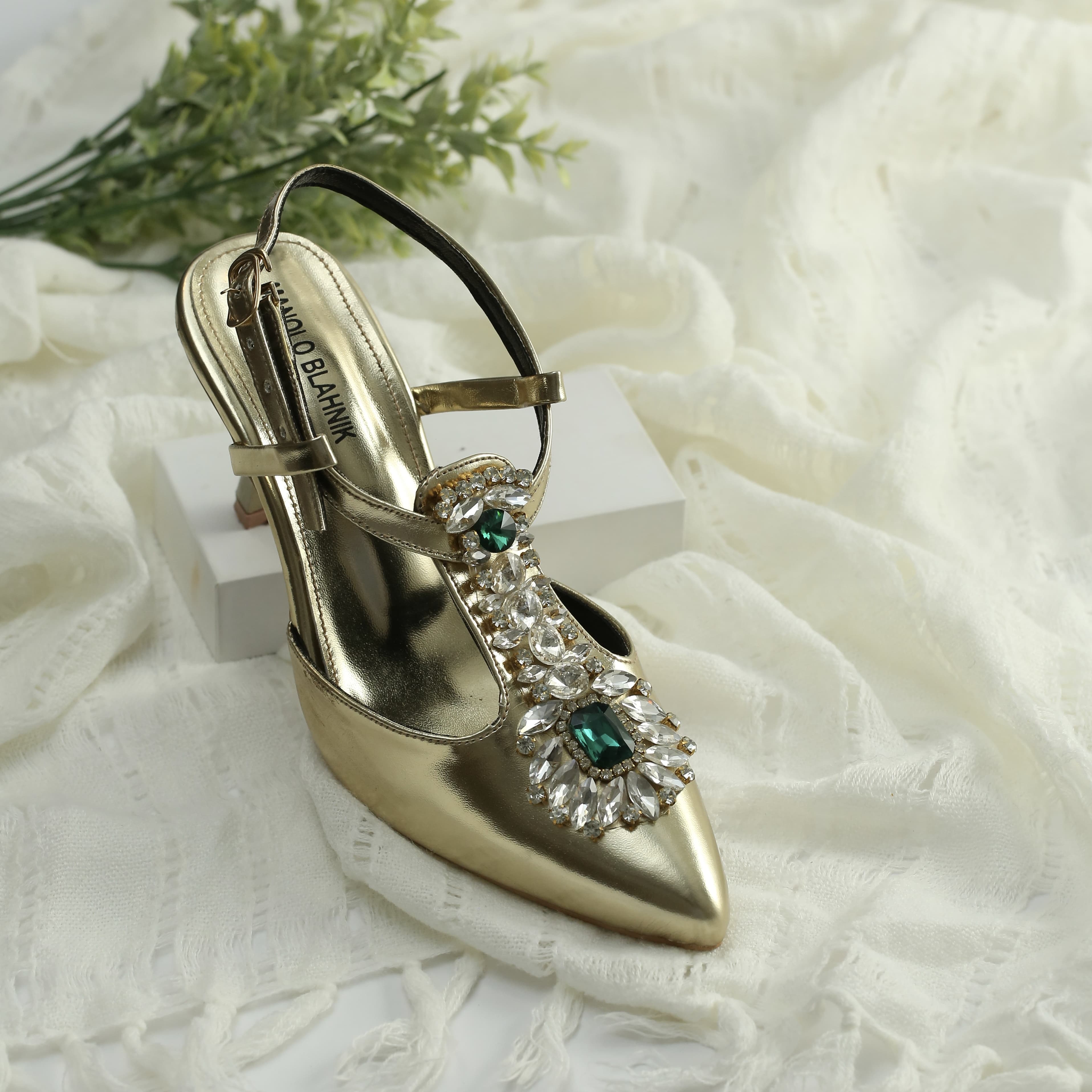 WALK BROS Diamond Slingback Heels - Golden