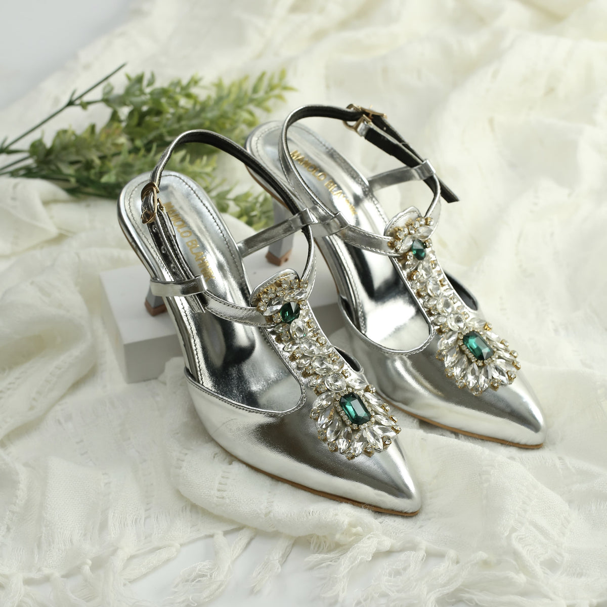 WALK BROS Diamond Slingback Heels - Silver