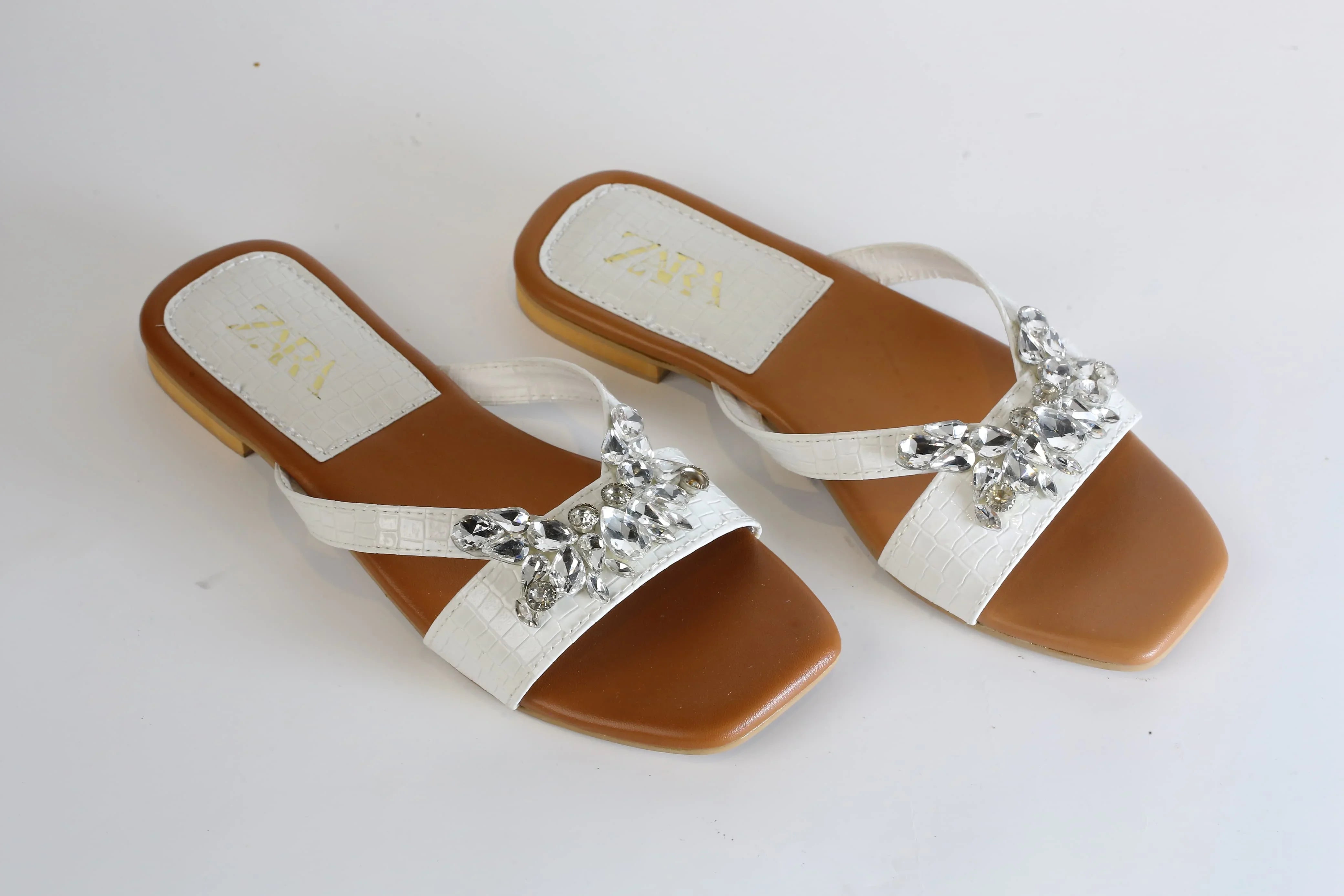 ZARA CRYSTAL FLAT SANDALS - WHITE