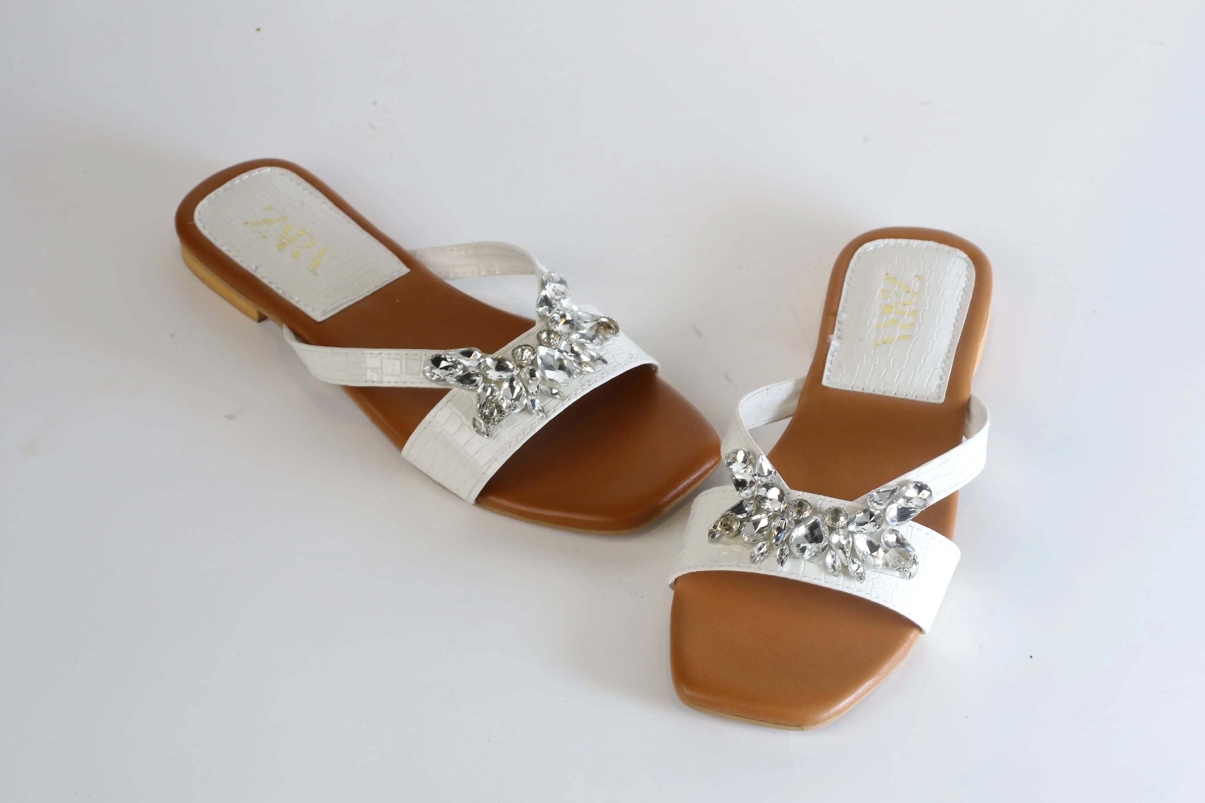 ZARA CRYSTAL FLAT SANDALS - WHITE
