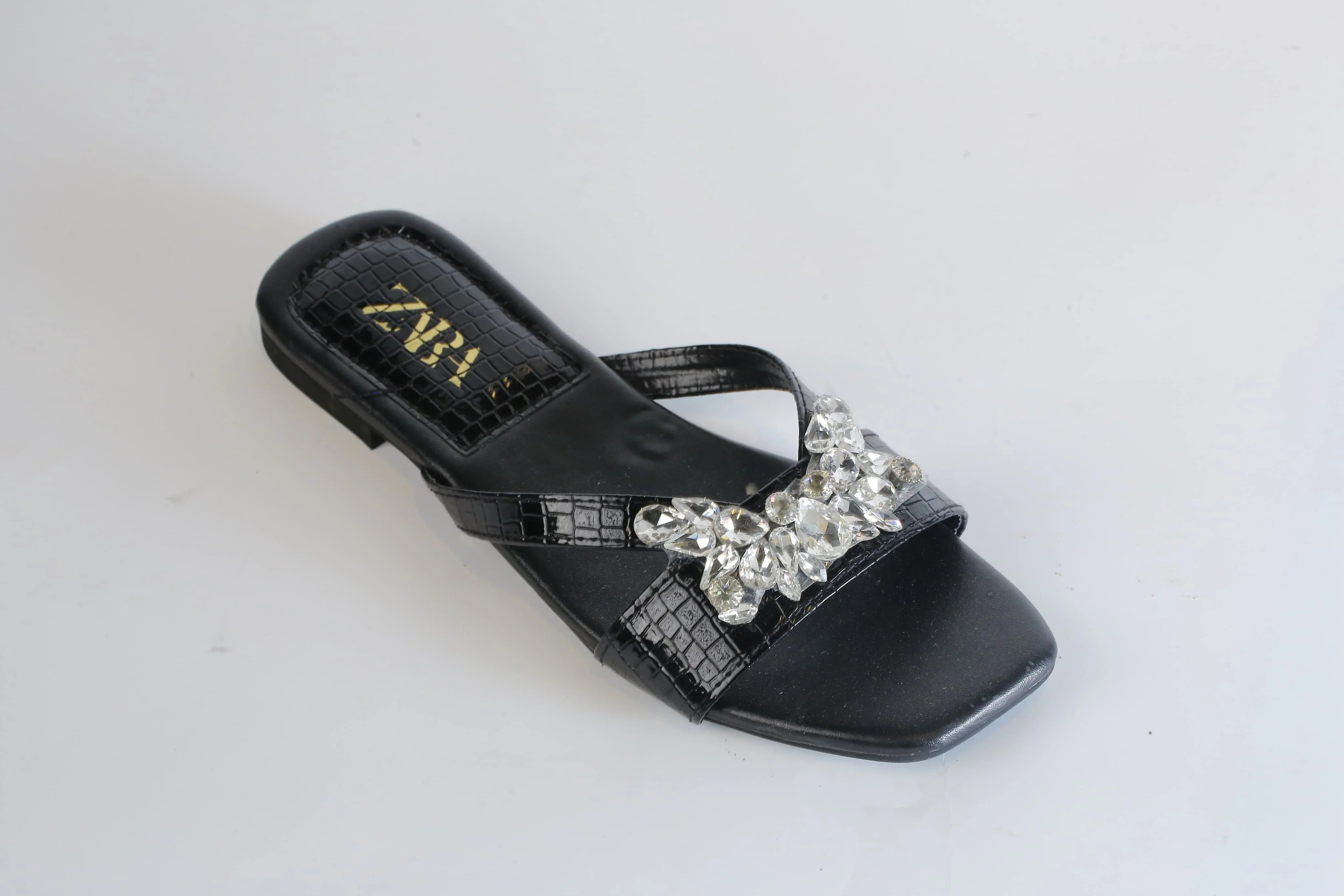 ZARA CRYSTAL FLAT SANDALS - BLACK