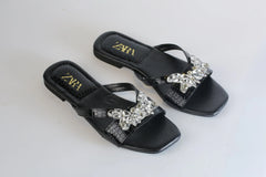 ZARA CRYSTAL FLAT SANDALS - BLACK