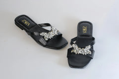ZARA CRYSTAL FLAT SANDALS - BLACK