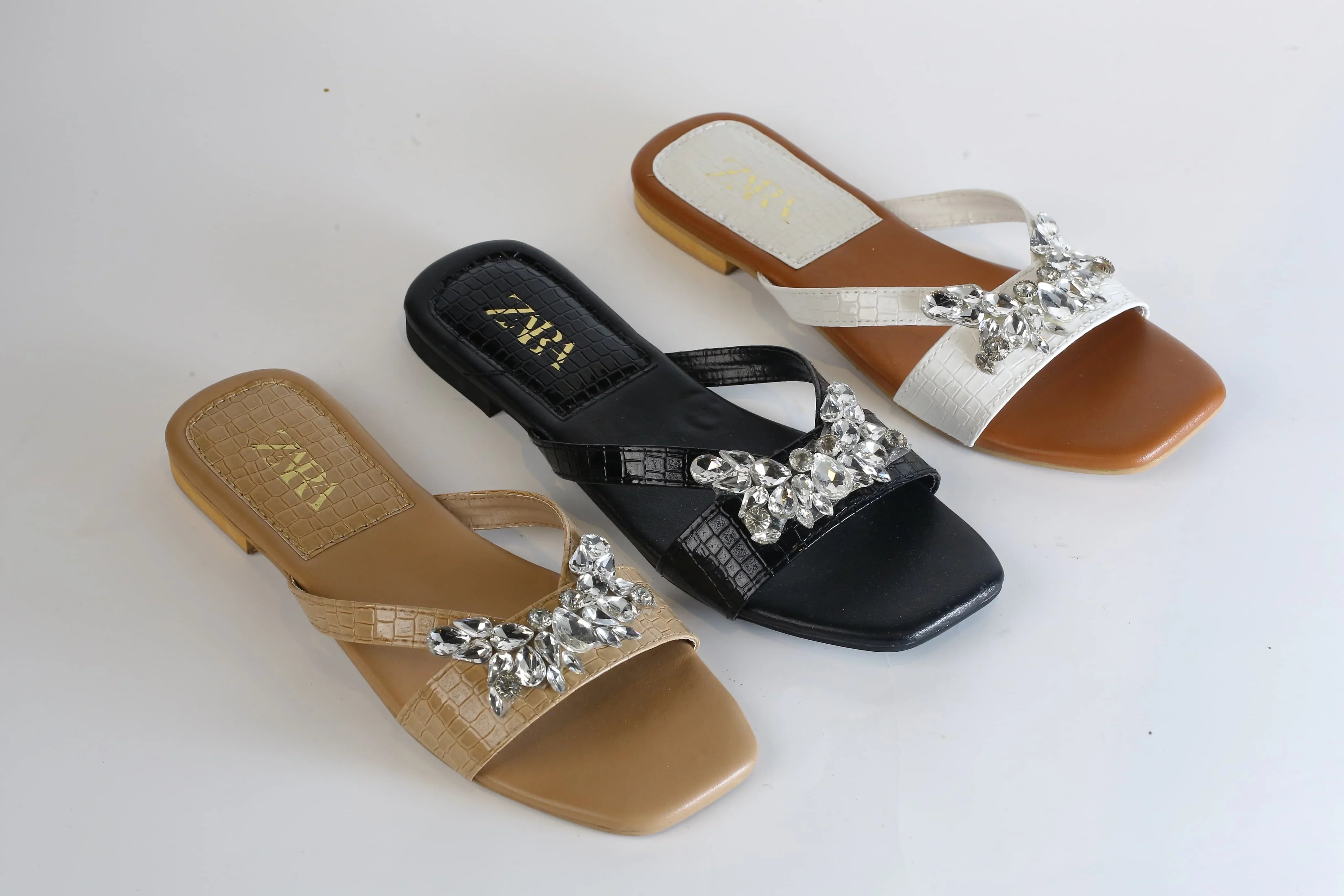 ZARA CRYSTAL FLAT SANDALS - WHITE