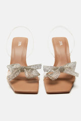 ZARA TRANSPARENT BOW STRAP HEELS - BEIGE
