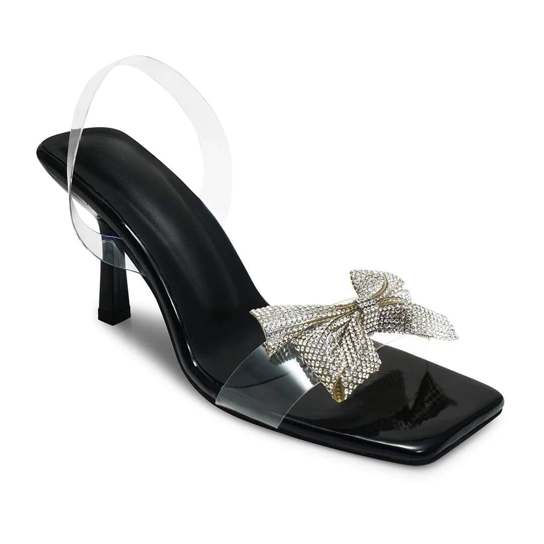 ZARA TRANSPARENT BOW STRAP HEELS - BLACK