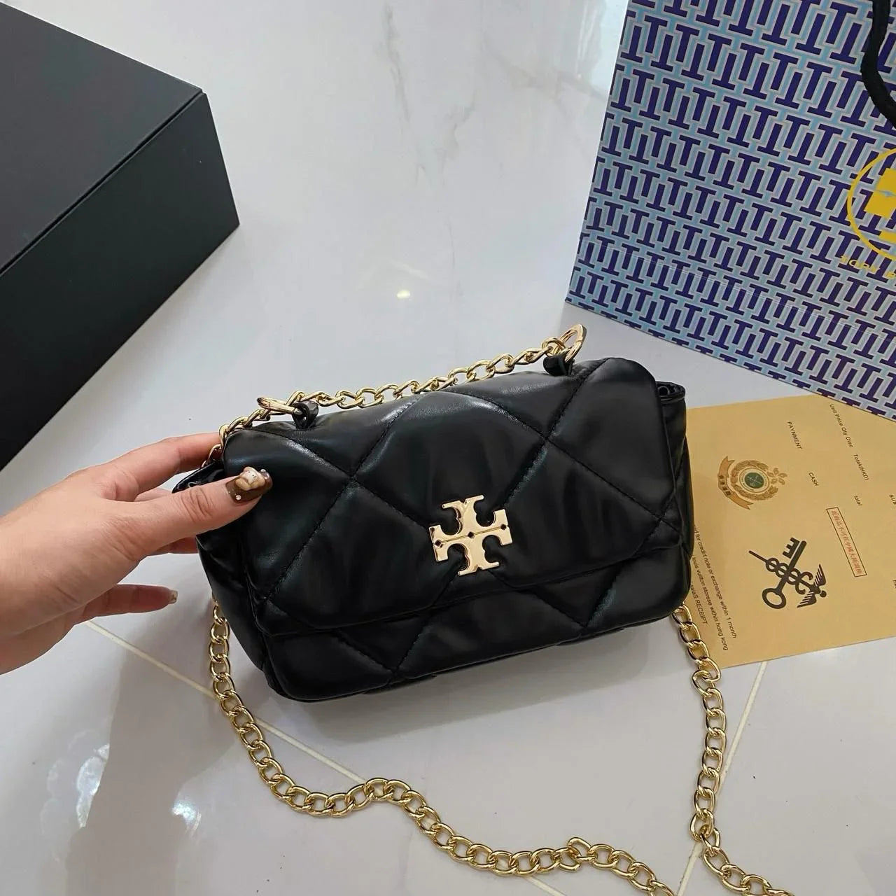 COMBO DEAL - TB CROSS BODY BAG & TB SLIPPERS - BLACK