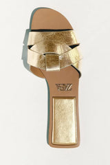 FLAT CRISS-CROSS LEATHER SLIDER SANDALS - GOLDEN