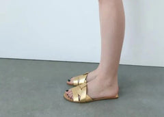 FLAT CRISS-CROSS LEATHER SLIDER SANDALS - GOLDEN