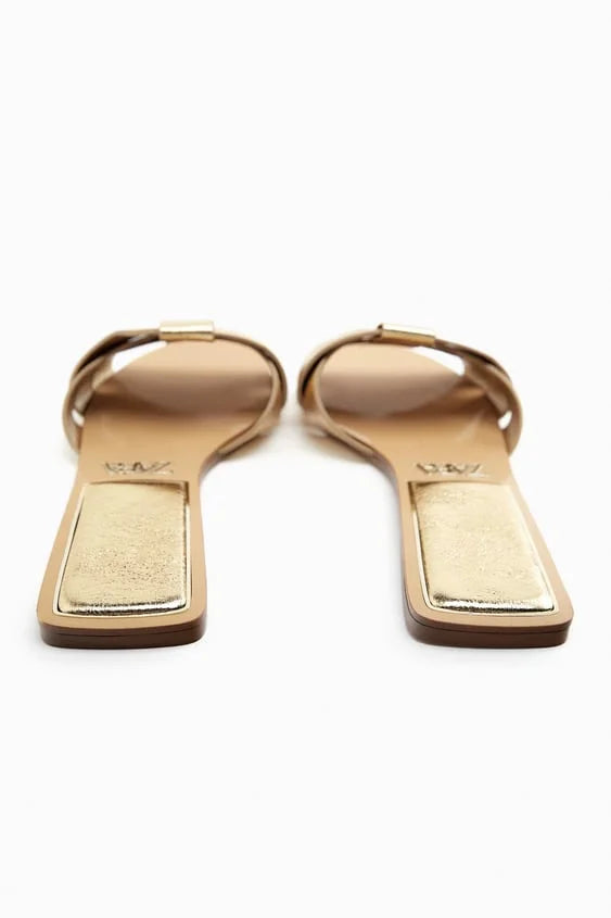 FLAT CRISS-CROSS LEATHER SLIDER SANDALS - GOLDEN
