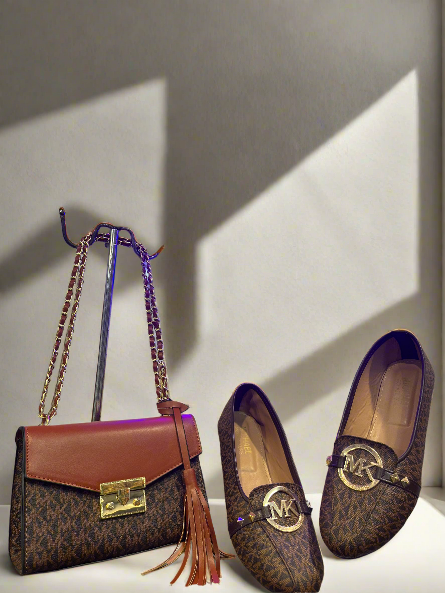 COMBO DEAL OF MK MICHAEL KORS ROSE MEDIUM  LOGO SHOULDER BAG AND FLAT PUMPS - BROWN