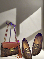 COMBO DEAL OF MK MICHAEL KORS ROSE MEDIUM  LOGO SHOULDER BAG AND FLAT PUMPS - BROWN